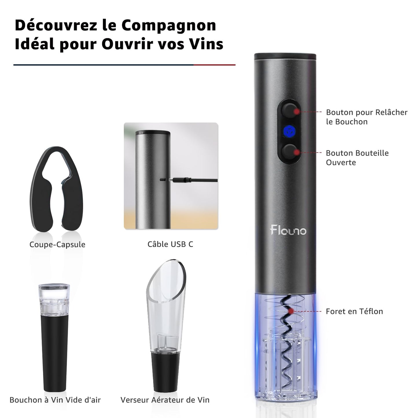 Flauno Electric Corkscrew Wine Set - Automatic Bottle Opener, Wine Foil Cutter, Decanter Spout with Aerator, and Vacuum Wine Stopper - The Perfect Gift for Wine Lovers
