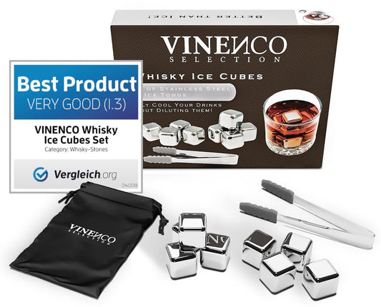 Whiskey Stones Set - 8 Reusable Stainless Steel Ice Cubes, Tongs + Fabric Bag, Whiskey Ice Cubes Metal Cooling Stones Bar Accessories Cocktail Rocks Gin Stones Decorative Accessories Gift Whiskey Stones