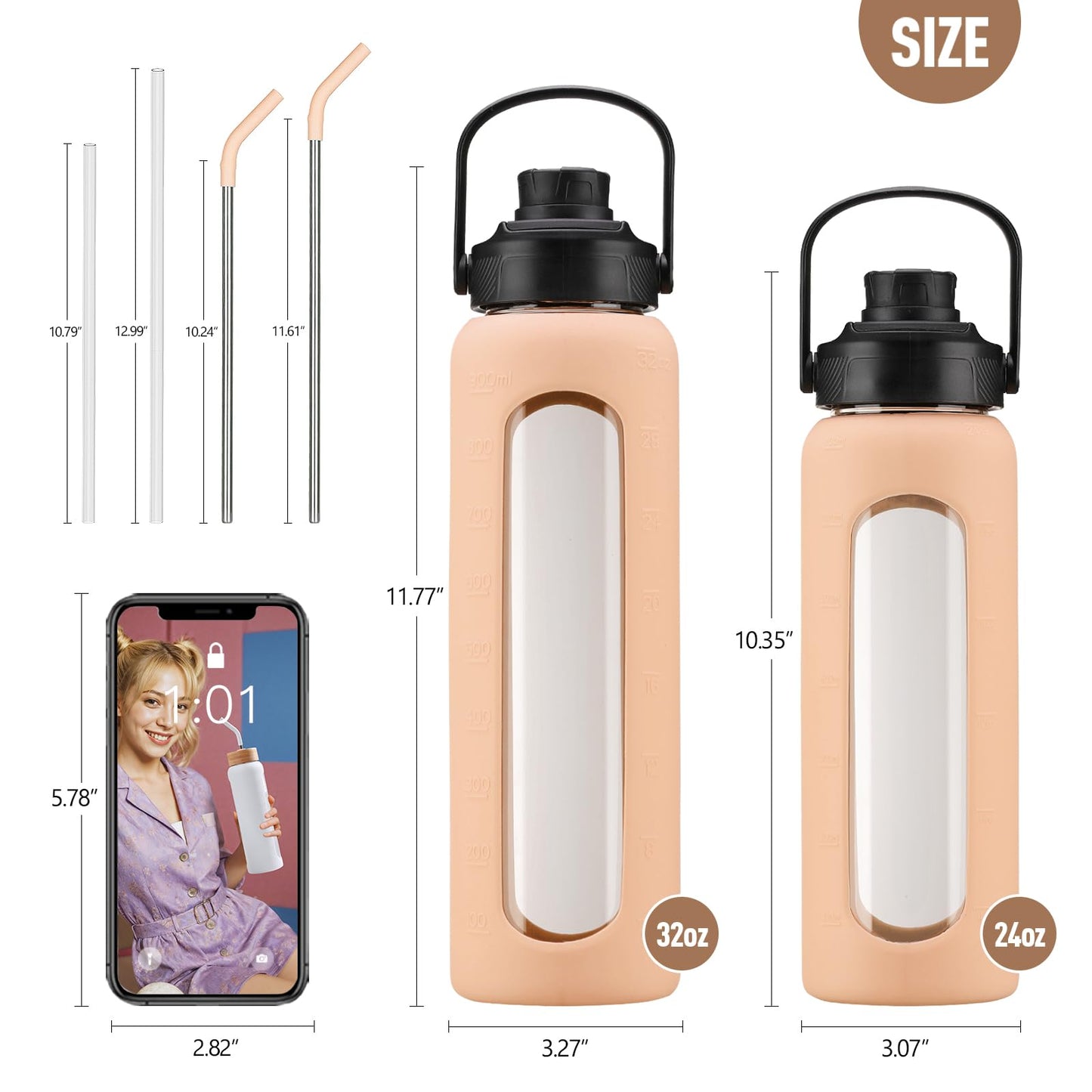 BLUEGO 900ml glass water bottle with straw and 2 lids Glass coffee cup with time markings and silicone sleeve Glass cup for drinks, soda, cola BPA-free, Amber