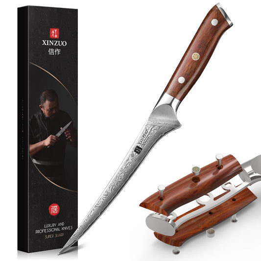 XINZUO 18cm Damascus Steel Fillet Knife, 67 Layers Damascus Fish Knife Professional Chef Knife, Damascus Fish Fillet Boning Knife for Kitchen -Ergonomic Rosewood Handle -with Gift Box