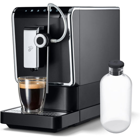 Tchibo coffee machine Esperto Pro with matching glass milk carafe, perfect for Caffè Crema, Espresso, and milk specialties, 600ml milk container, anthracite color.
