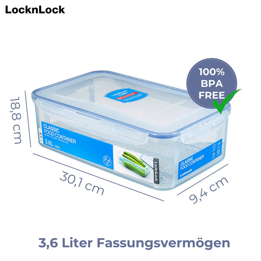 LocknLock PP Classic storage container with drainage grid | 3.6L | 30.1 x 18.8 x 9.4 cm | 100% airtight and watertight | Freezer & refrigerator organizer | Dishwasher & microwave safe.