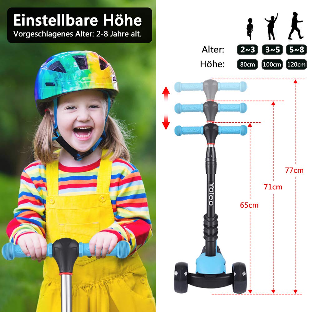 YOLEO 3-in-1 Kids Scooter with Removable Seat, LED Big Wheels, Adjustable Handlebar for Toddlers Boys Girls from 2 Years (Blue)