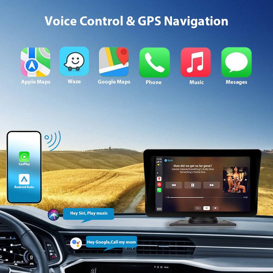 Sunweyer Wireless Carplay & Android Auto Screen, portable car radio, 7-inch IPS touchscreen display, supports 1080p backup camera & Bluetooth/AUX/FM transmitter.