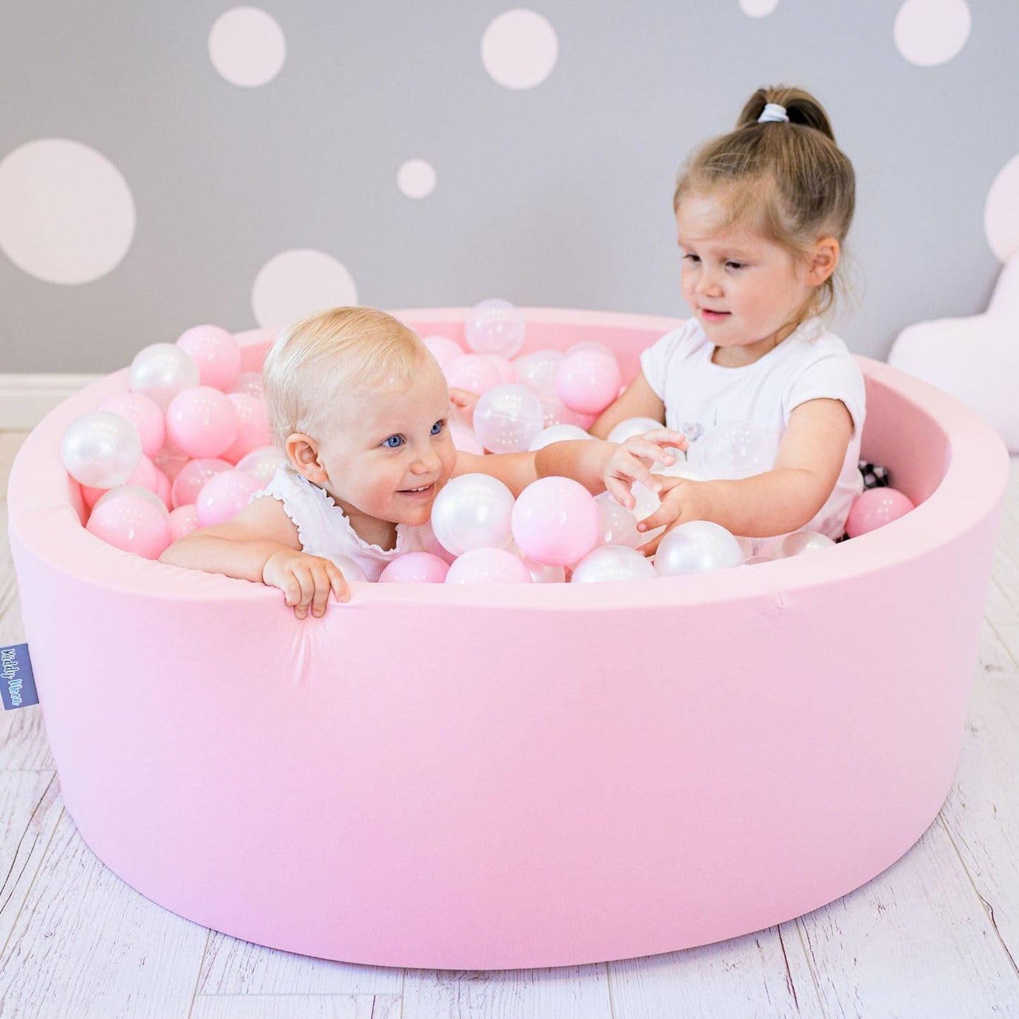 KiddyMoon Ball Pit 90X30cm/200 Balls ∅ 7cm Ball Pit with Colorful Balls for Girls Babies Kids Round, Pink:Powder Pink/Pearl/Transparent