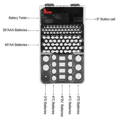 1 PC Battery Storage 104 Grids Battery Storage Box Battery Organizer Battery Box with Battery Tester with precise detection of AA, AAA, C, D, and 9V battery measurements.