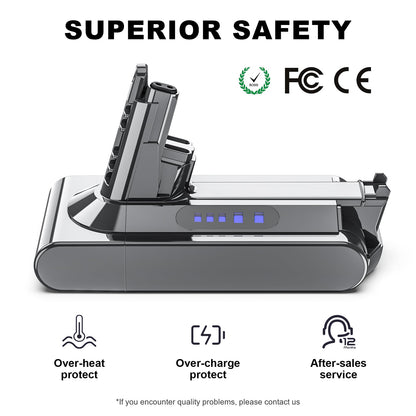 6000mAh V10 replacement battery for Dyson V10. Compatible with Dyson SV12 V10 Animal, V10 Absolute, V10 Motorhead, V10 Fluffy, V10 Total Clean vacuum cleaners.