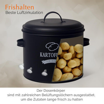 Theo&Cleo Potato Storage Set, Potato Pot in Retro Design Onion Pot, Large metal storage container, Kitchen storage, Can store potatoes for a long time (Black Set)