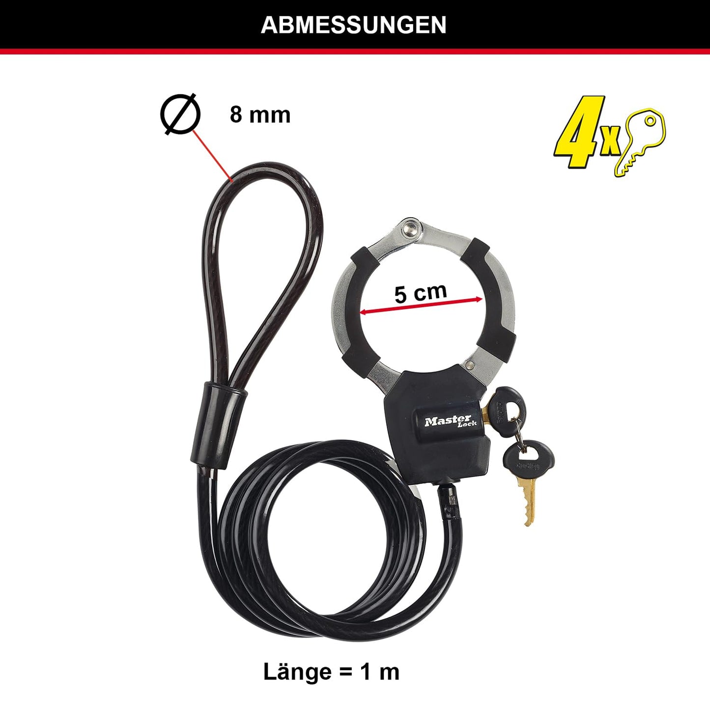 Master Lock Cable Lock with Key, 1m, Ideal for Scooters, Bikes, Strollers, Sports Equipment