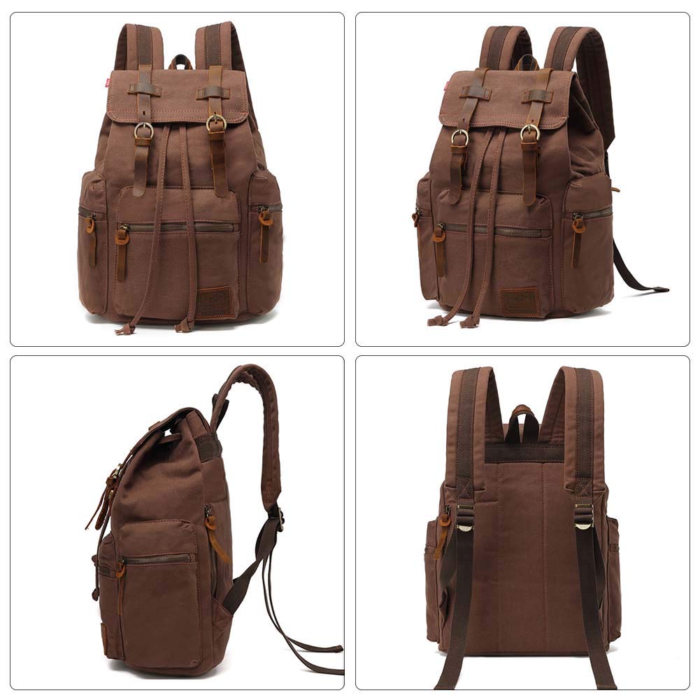 AUGUR Retro Canvas Backpack, Vintage Style Backpack for 15-17 Inch Laptop, School Backpack, Travel Bag, Leather Backpack, Waterproof (Large Coffee)