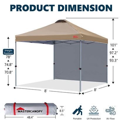 MASTERCANOPY 2.5 x 2.5m Pop-up Canopy Folding Tent with Vent & 1 Sidewall for Market, Garden, Events, Khaki
