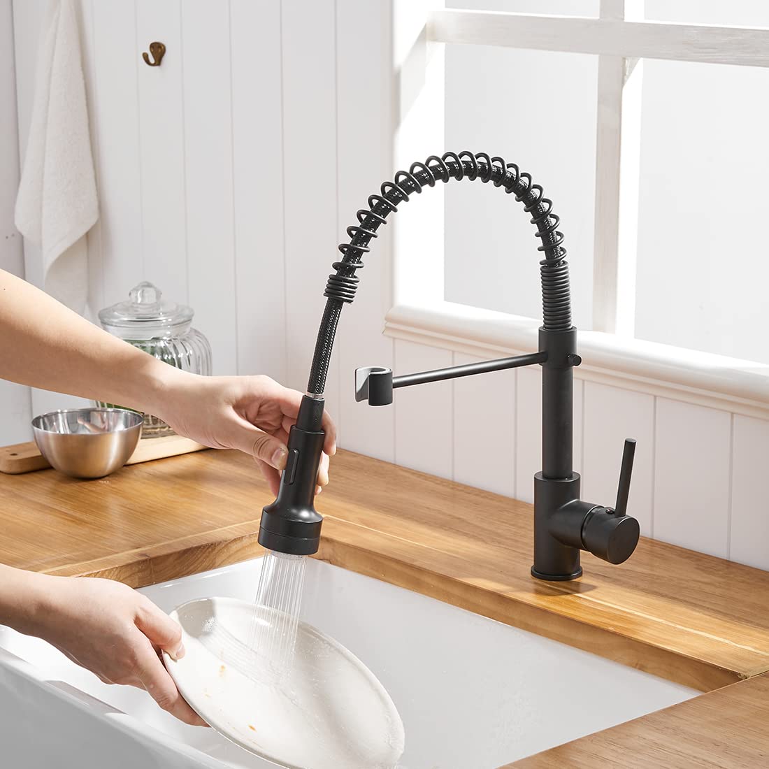 TIMACO LED Black Kitchen Faucet with Spiral Spring,360° Swivel Sink Faucet,Sprayer Pull-Out - High Pressure