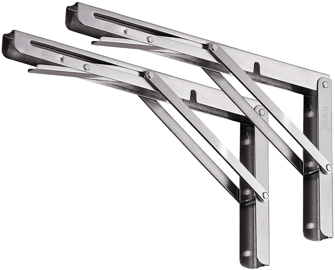 YUMORE Folding Shelf Bracket Heavy Duty 350mm, YUMORE Folding Shelf Brackets Stainless Steel Folding Shelf Supports Wall Table Brackets Folding Hinge for Benches Shelves Wall Mount, Space Saving, Capacity 330 lb [2PACK]