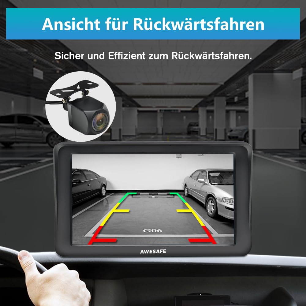 AWESAFE Bluetooth GPS device for car with backup camera, 7 inch touchscreen, supports 2023 Europe maps with lifelong free updates, GPS navigation for car, car, truck.