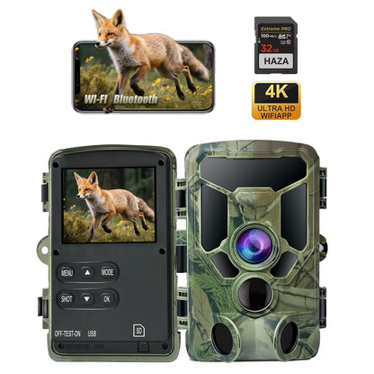 HAZA 4K WiFi Trail Camera with App, 60MP HD Wildlife Camera with 940nm Night Vision, Motion Sensor, SD Card, 120° Wide Angle, 0.1s Trigger, IP66 rated for Wildlife Monitoring/Deer Scouting.