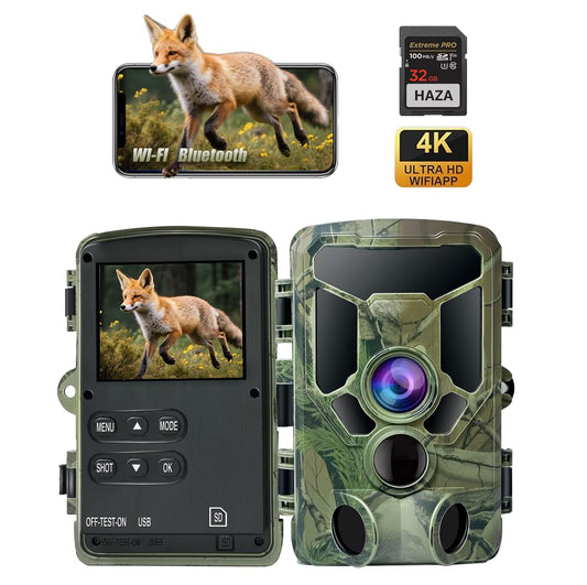 HAZA 4K WiFi Trail Camera with App, 60MP HD Wildlife Camera with 940nm Night Vision, Motion Sensor, SD Card, 120° Wide Angle, 0.1s Trigger, IP66 rated for Wildlife Monitoring/Deer Scouting.