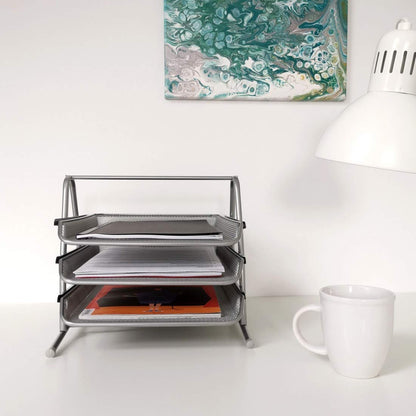 D.RECT 110486 Metal Storage Trays Stackable - Office Desk Organizer - Desk Tray - 3 Drawers Letter Tray Document Tray A4 Organizer Mesh - Paper Tray Silver File Tray