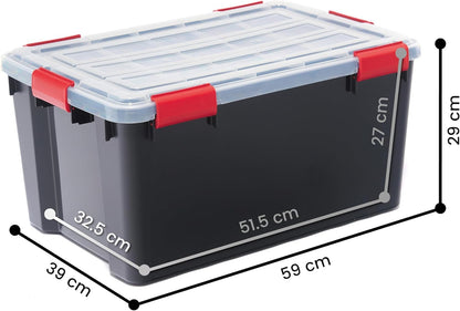 Iris Ohyama airtight plastic storage boxes with lids, 50L, set of 4, black, hermetic watertight seal, sturdy snap closures, stackable, dust protection, BPA-free, DDAT-L