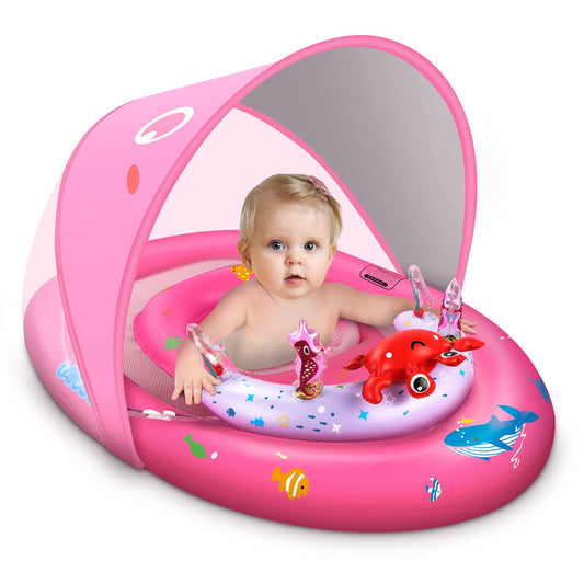 LAYCOL Baby Swimming Ring with UPF50+ Sunshade & Toy, Adjustable Safety Seat, Toddler Pool Swim Ring for 3-36 Months (Pink, L)