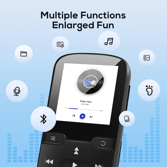 Etacé MP3 player with Bluetooth 5.3, sports music player with 16GB internal storage, FM radio, e-book, pedometer, voice recording, and support for up to 128GB TF/Micro SD card.