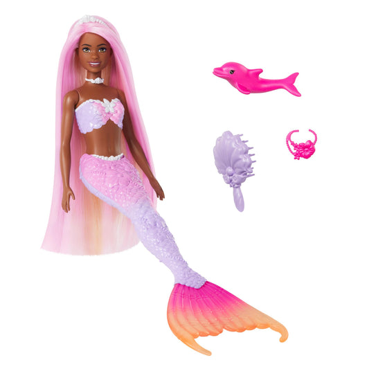 BARBIE Mermaid Doll - Inspired by the TV show "Barbie: A Hidden Magic", with color-change effect and accessories, 19 cm pink hair to style, for endless playtime, HRP98