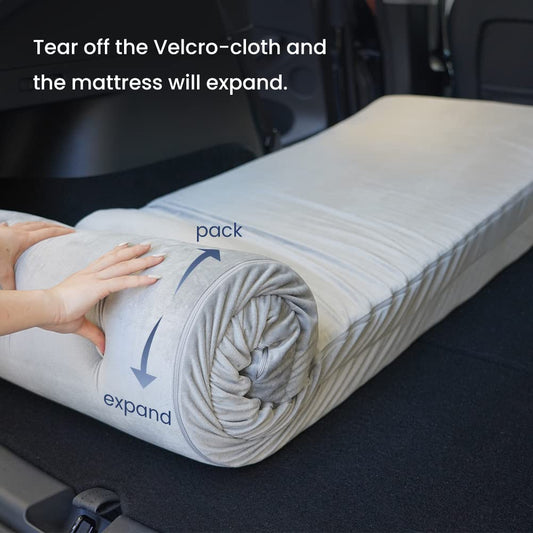 Havnby Tesla Model Y camping mattress includes CertiPUR memory foam mattress, storage bag, and fitted sheet. Portable, foldable, space-saving, double-sized.