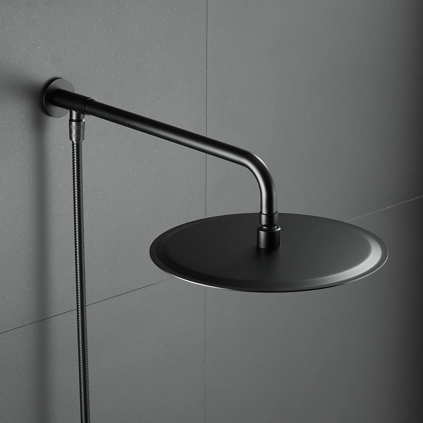 Matte black shower head rain shower with shower arm and hose, 25 cm