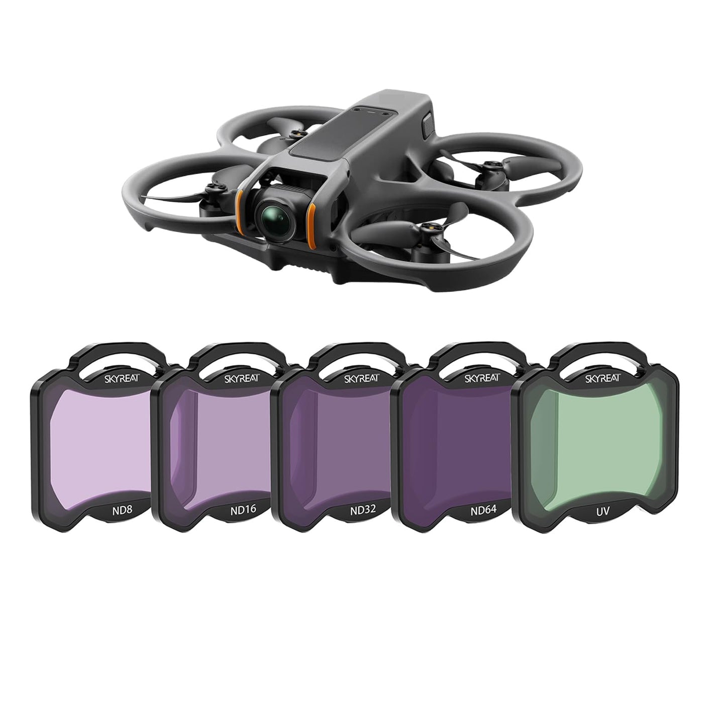 Skyreat Avata 2 ND Filter Set includes 5 filters: UV, ND8, ND16, ND32, ND64. Compatible with DJI Avata 2 Drone. Great accessory for your camera lens.
