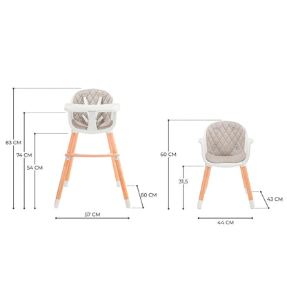 Children's high chair SIENNA 2 in 1, toddler high chair, baby chair, combination high chair, wooden legs, 5-point harness, footrest, removable tray, non-slip chair leg caps, for ages 6 months to 4 years, gray.