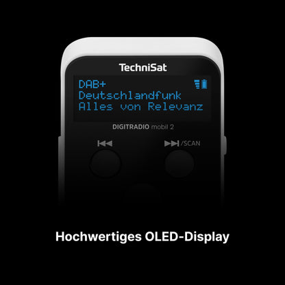 TechniSat DIGITRADIO mobil 2 - Portable DAB+/FM mini radio with integrated battery (rechargeable pocket radio, headphones, OLED display, favorites memory) black/white.