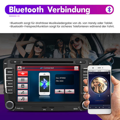 AWESAFE Radio for VW Golf 5 Golf 6, 2DIN car radio with Mirrorlink, 7 inch touchscreen monitor, SD, USB, CD DVD, and Bluetooth.