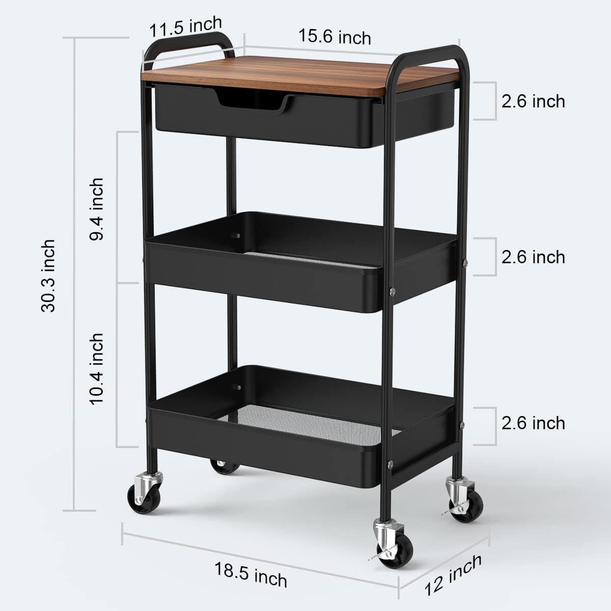 Shrivee 3-Tier Kitchen Cart with Table and Drawer, Utility Cart, Metal Utility Rolling Cart, Shelf Cart for Office Salon, Multi-Purpose Cosmetic, Serving Cart for Kitchen, Bathroom, Office (Black)