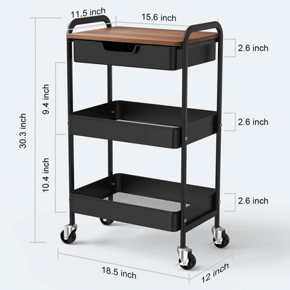 Shrivee 3-Tier Kitchen Cart with Table and Drawer, Utility Cart, Metal Utility Rolling Cart, Shelf Cart for Office Salon, Multi-Purpose Cosmetic, Serving Cart for Kitchen, Bathroom, Office (Black)