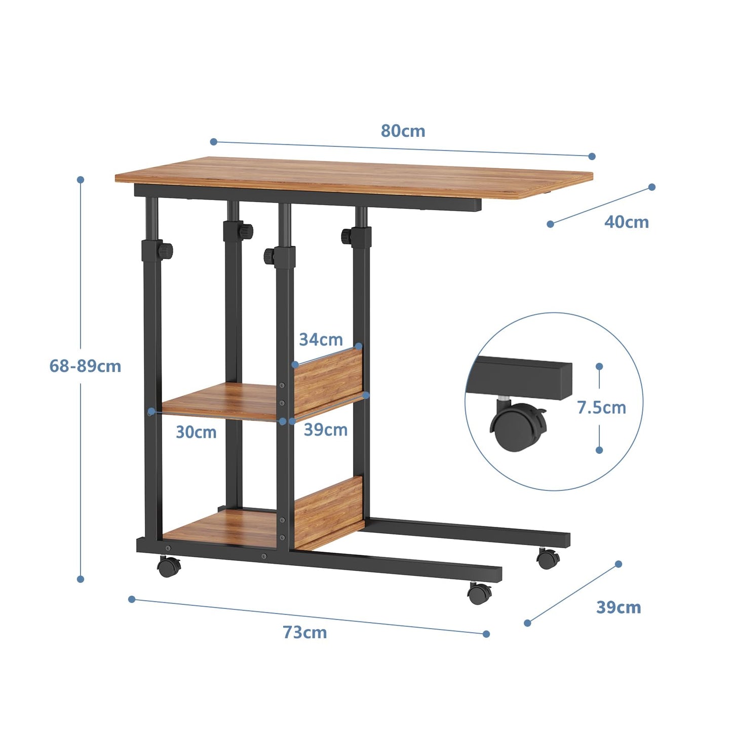 Dripex side table with wheels Adjustable Height Laptop Table Wooden Desk, Sofa Side Table Coffee Table Bedroom, Living Room Dark Brown
