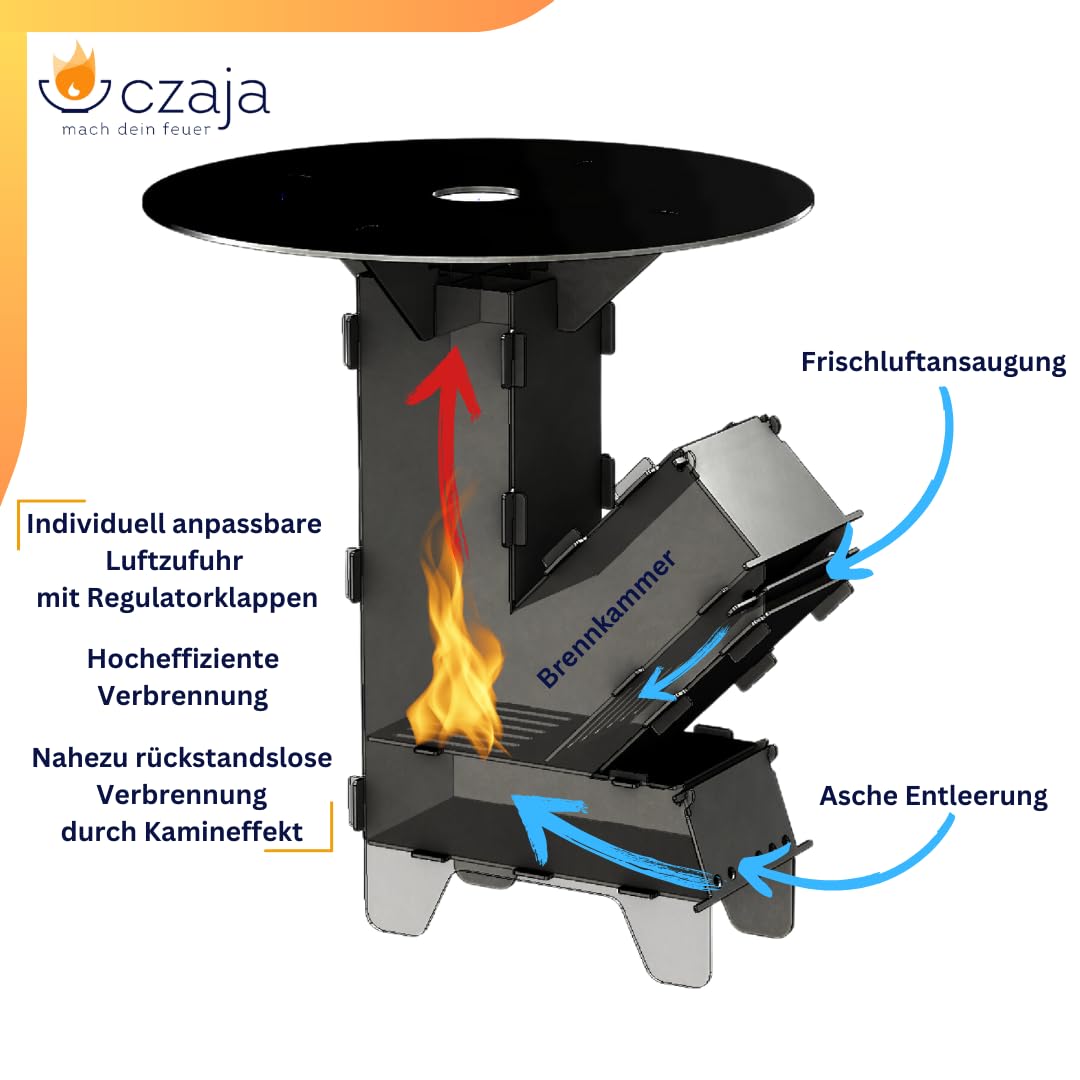 Czaja Rocket Stove with extra strong 5 mm grill plate - robust rocket stove made of 3 mm steel | Wood stove & camping stove | BBQ rocket for camping & outdoor | Made in Germany