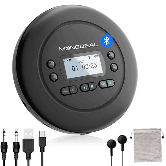 MONODEAL Portable CD Player Bluetooth, Rechargeable Discman for car and kids, Anti-Skip, compact with headphones