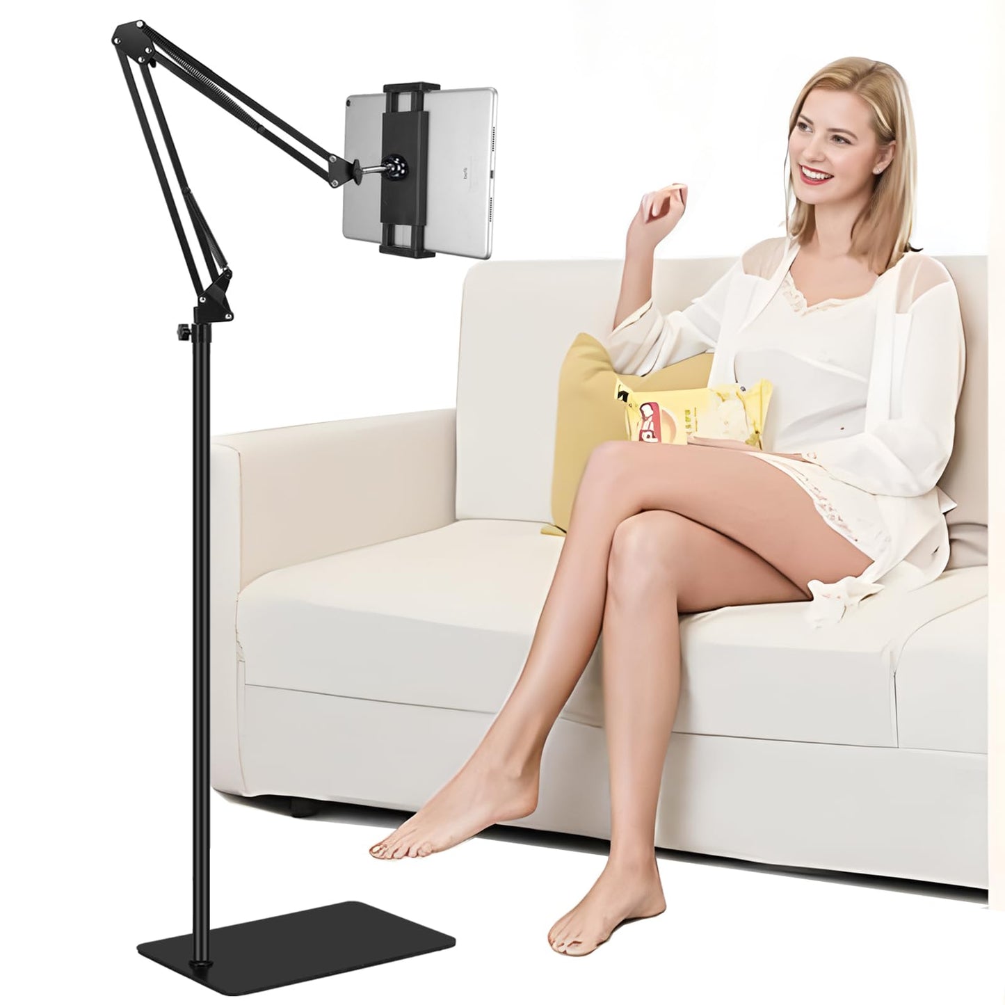 Tablet floor stand, tablet holder with heavy-duty base 【3rd Upgrade】, 360-degree rotatable with stable metal arm for iPads, tablets, phones, or other devices with 4.7 to 13-inch screens.