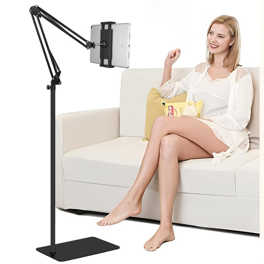 Tablet floor stand, tablet holder with heavy-duty base 【3rd Upgrade】, 360-degree rotatable with stable metal arm for iPads, tablets, phones, or other devices with 4.7 to 13-inch screens.