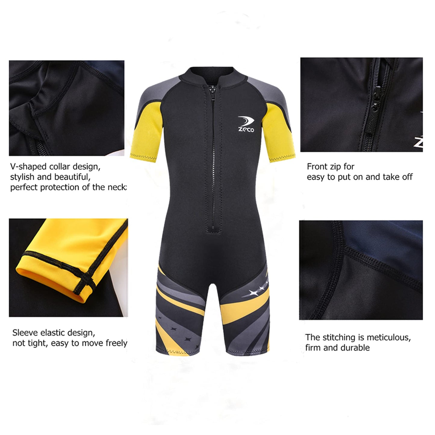 ZCCO Kids Neoprene Wetsuit, 2.5mm Neoprene Thermal Swimsuit, Neoprene Front Zipper Diving Suits for Surfing, Swimming, Diving, keeping warm for water sports, Black XS