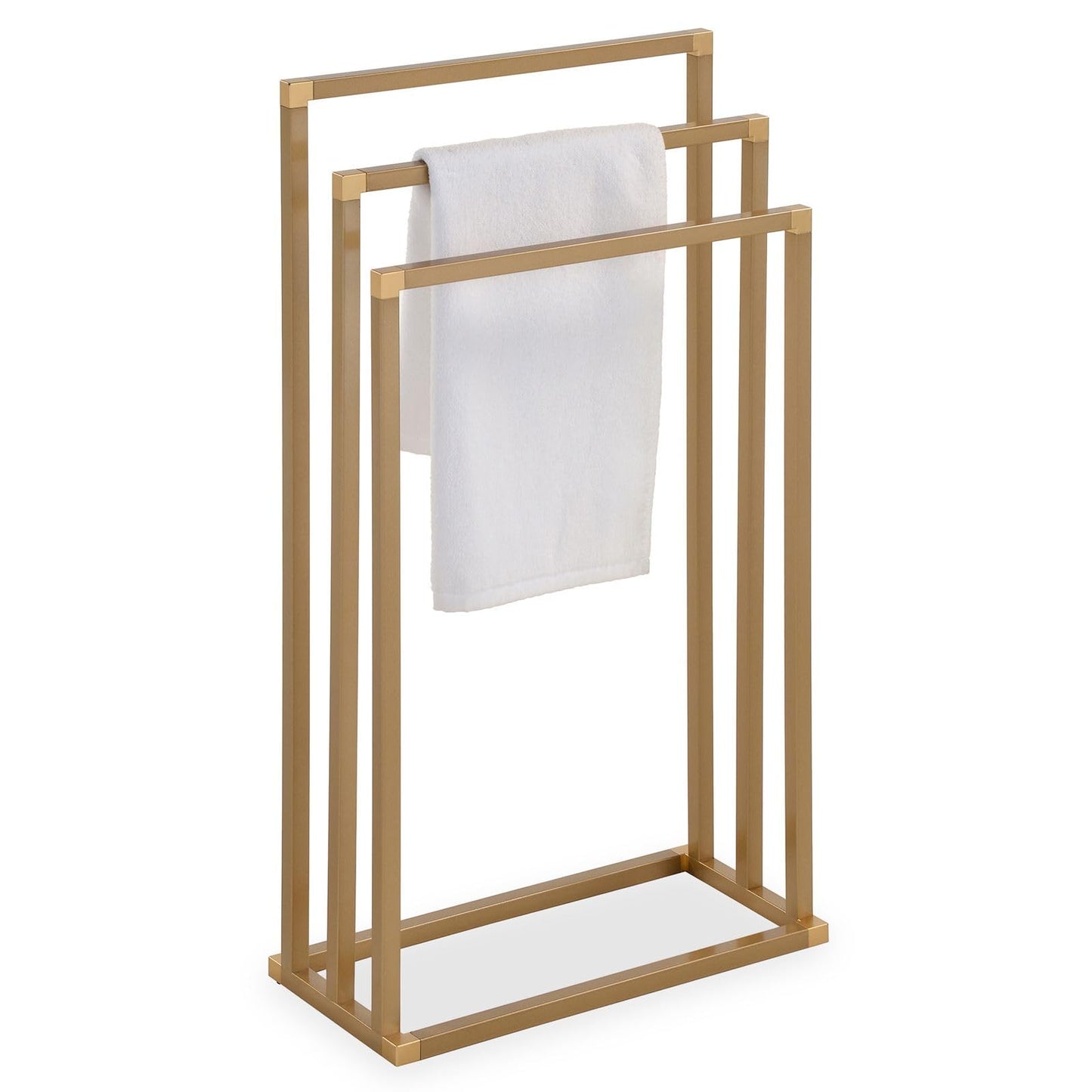 Towel holder KUNO, gold painted - freestanding towel rack with 3 bars, made of metal.