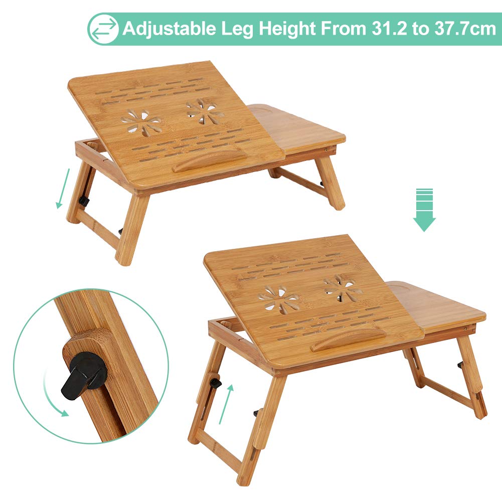 Ejoyous folding bamboo bed table, adjustable 5 tilt angles laptop table notebook table lapdesks with drawer and ventilation slots for school bedroom or office.
