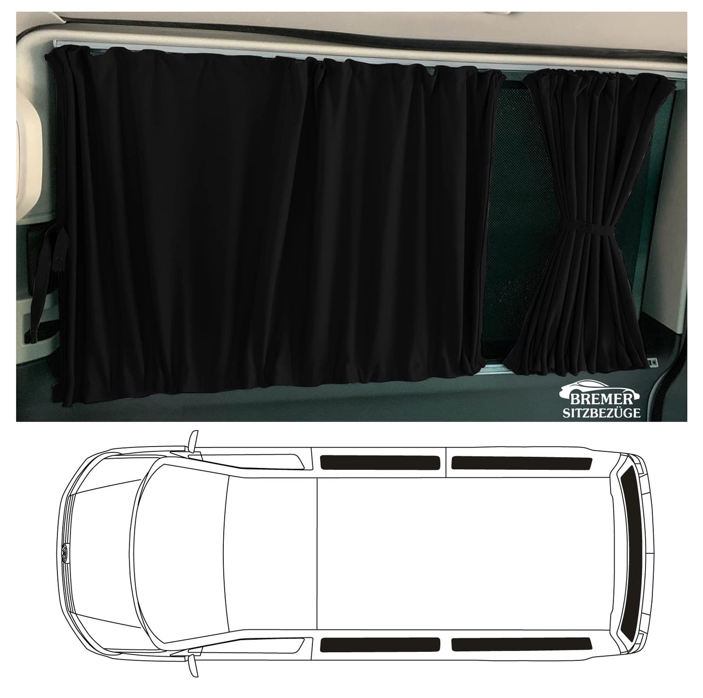 BREMER SEAT COVERS Custom Curtains Sunshades compatible with VW T5 T6 T6.1 Transporter Caravelle Long Wheelbase with Rear Hatch in Black Camping Accessories Motorhome Accessories Camper Curtains 718