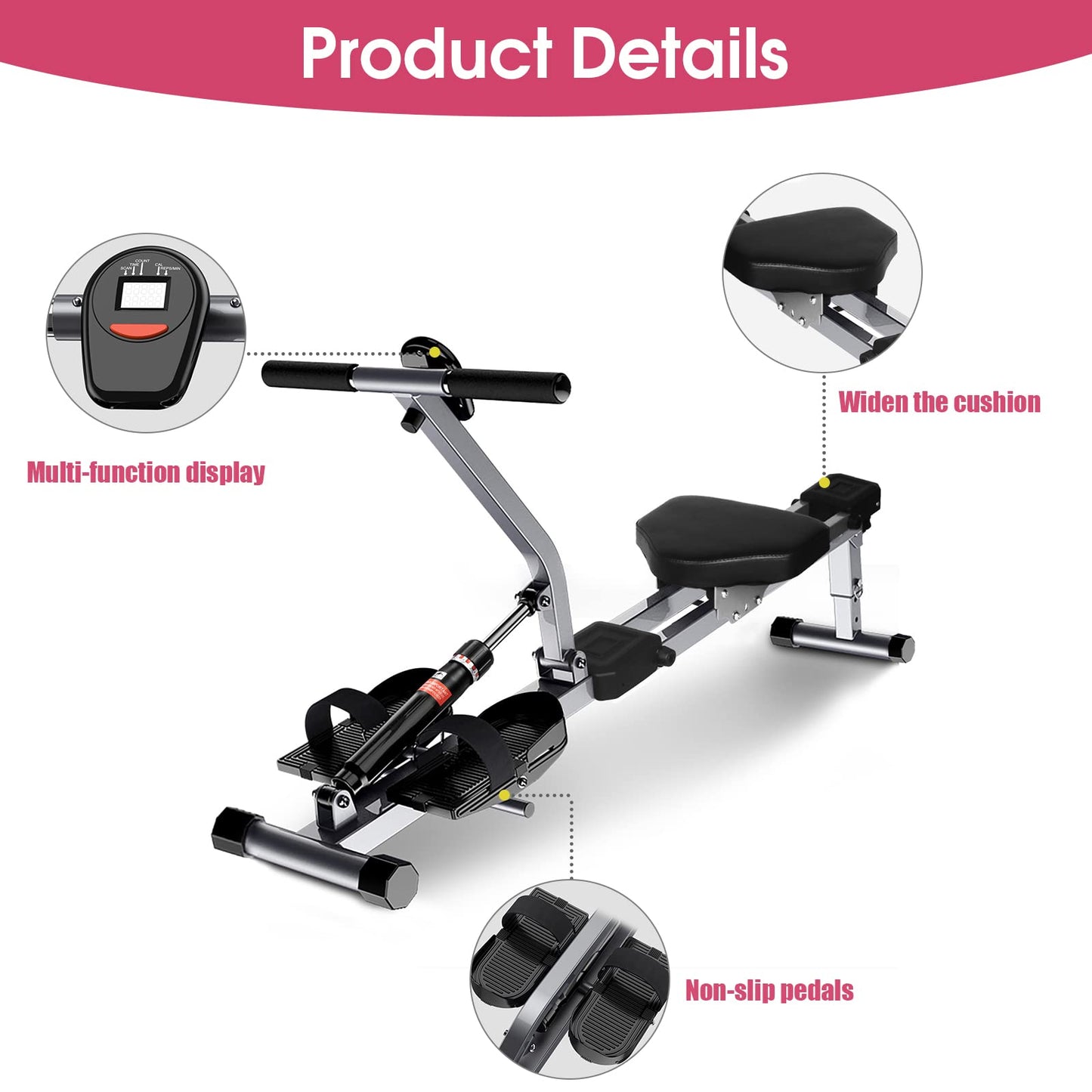 Folding rowing machine with 12 levels of resistance adjustment, Adjustable home rowing machine for at home, Max load 120kg, Rowing machine with LCD monitor for fitness.