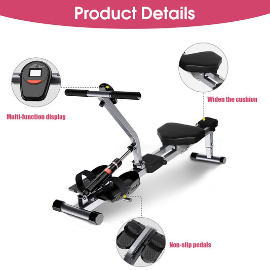 Folding rowing machine with 12 levels of resistance adjustment, Adjustable home rowing machine for at home, Max load 120kg, Rowing machine with LCD monitor for fitness.