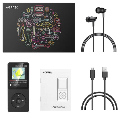 AGPTEK MP3 Player, 16GB lossless MP3 with 1.8 inch screen, 70 hours portable music player with headphones, FM radio, pictures, recordings, e-book, black.