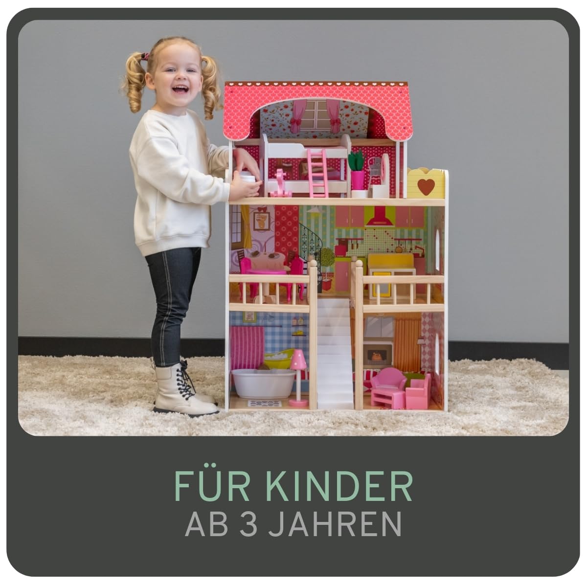 Bandits & Angels Wooden Dollhouse Pink House of Angels for ages 3 and up 90 cm tall - Includes 16 furniture pieces - With sound - Dollhouse - Doll toy