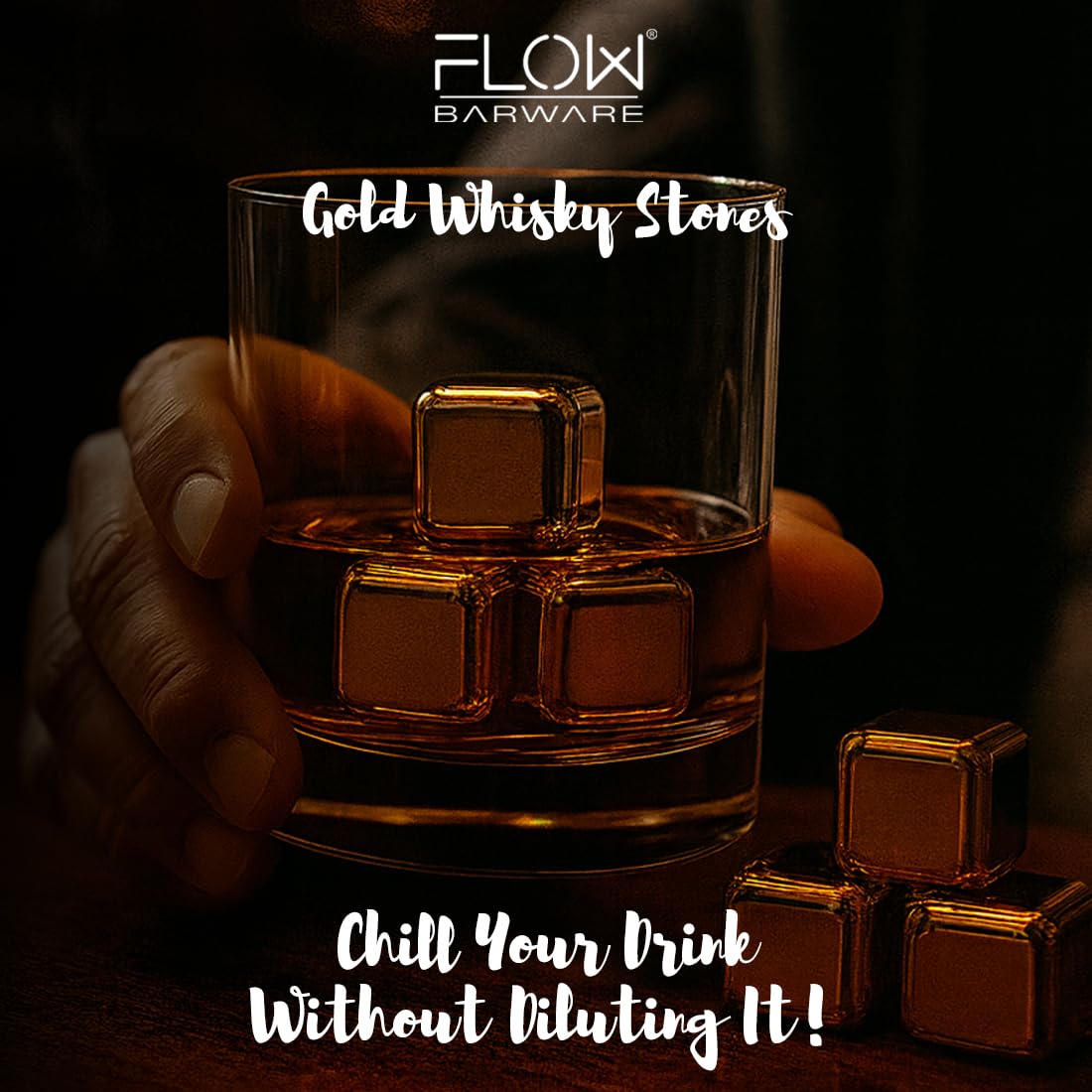 FLOW Barware Gold Whiskey Stones, gift set with ice tongs and storage bag, reusable metal ice cubes, prevent dilution of whiskey, rum, brandy, wine and gin drinks.
