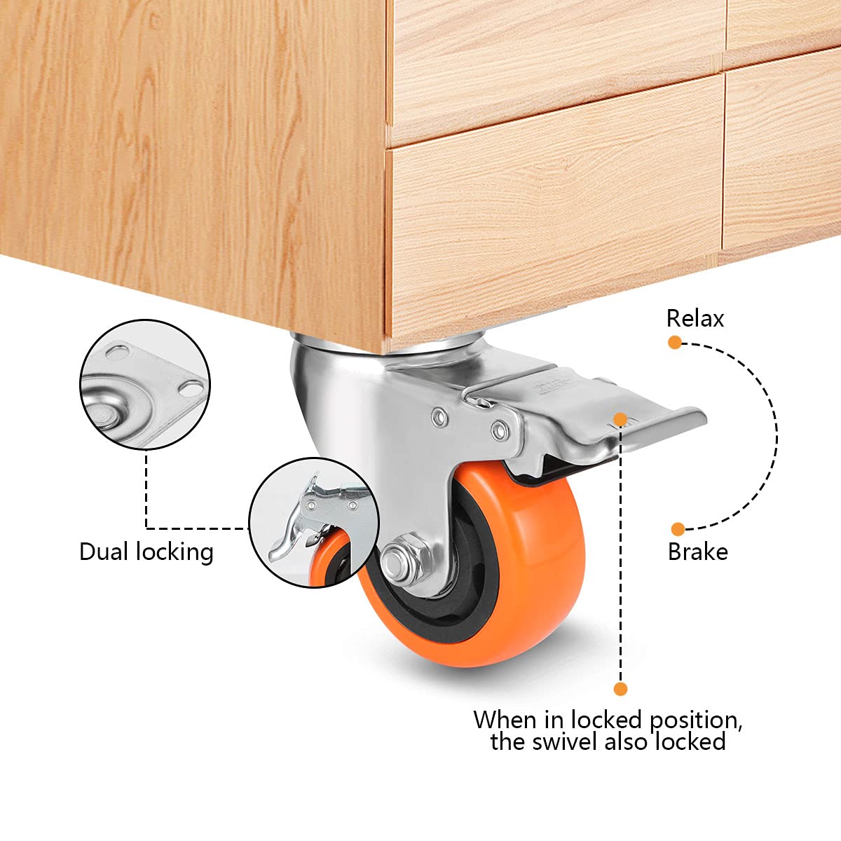 WBD WEIBIDA 75mm furniture casters with 4 brakes, double locking 360-degree polyurethane swivel casters heavy duty with 450kg load capacity, silent casters for furniture transport, table, cabinet, set of 4
