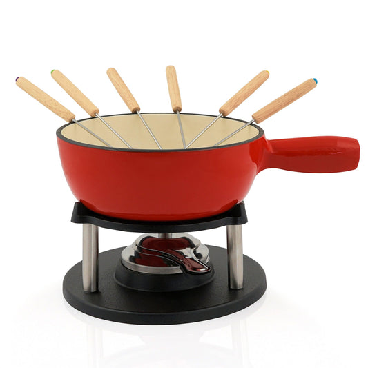 BBQ-Toro Cast Iron Fondue Set for 6 People | 2 Liters | Fondue Set 9 Piece with Burner and Forks | Fondue Set, Cheese Fondue Set, Meat Fondue Set, Chocolate Fondue Set (Red/Cream Enameled)