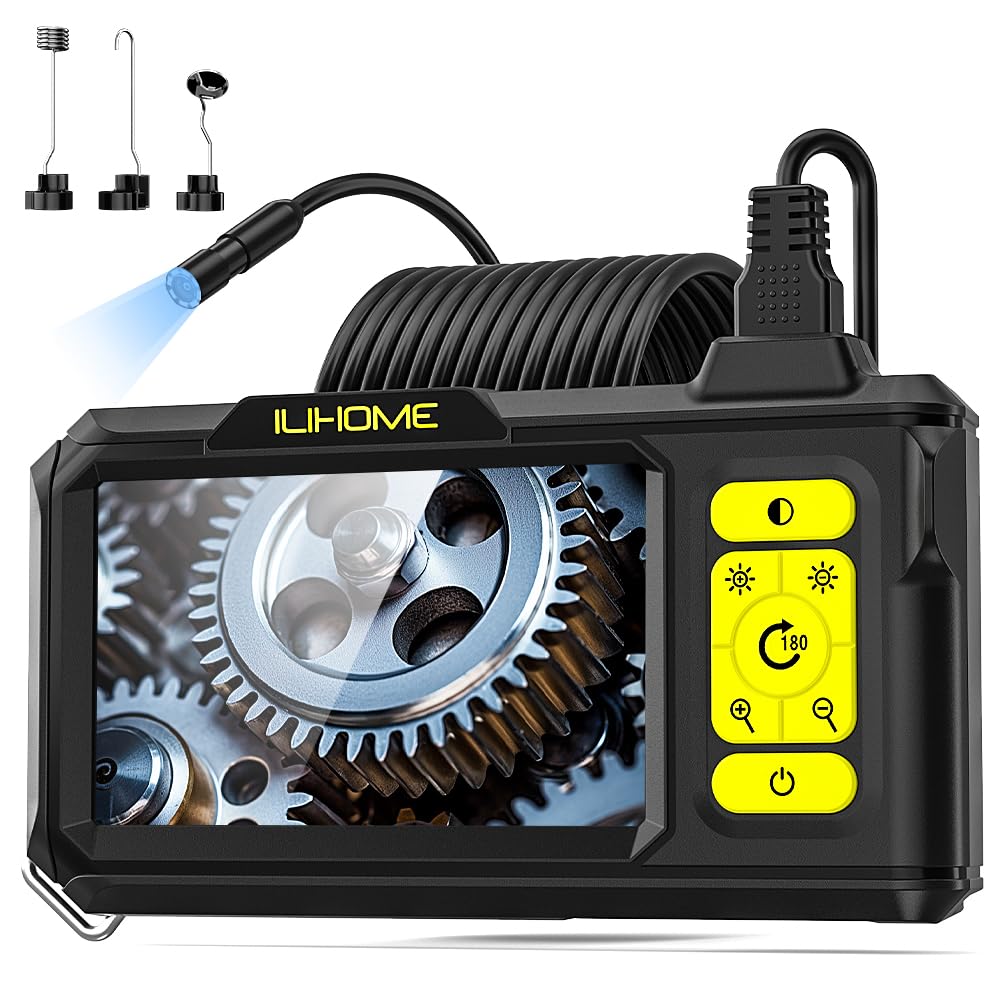 ILIHOME endoscope camera with light, industrial endoscope inspection camera 4.3 IPS screen waterproof snake camera pipe camera channel endoscope camera with 8 LED lights-5M